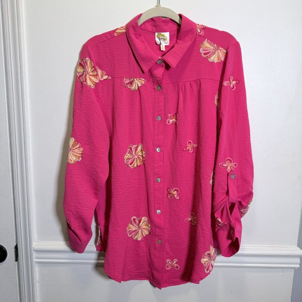 Fig & Flower Pink Embroidered Blouse L Boho Floral Button Up Anthropologie